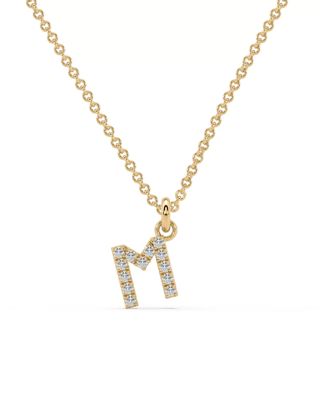 collar con inicial M en oro amarillo y diamantes