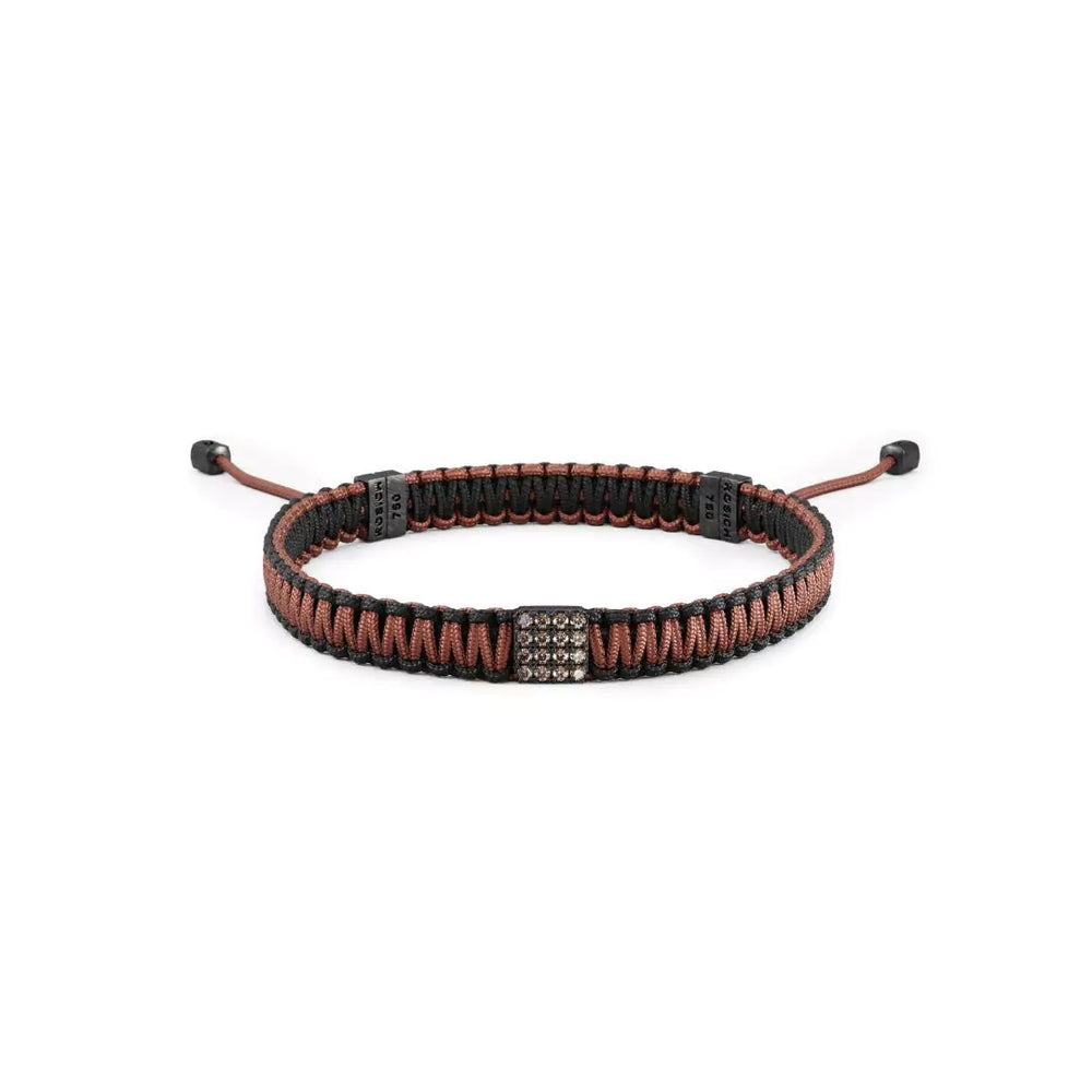 pulsera de hilo marron con chapa de oro negro y diamantes marrones
