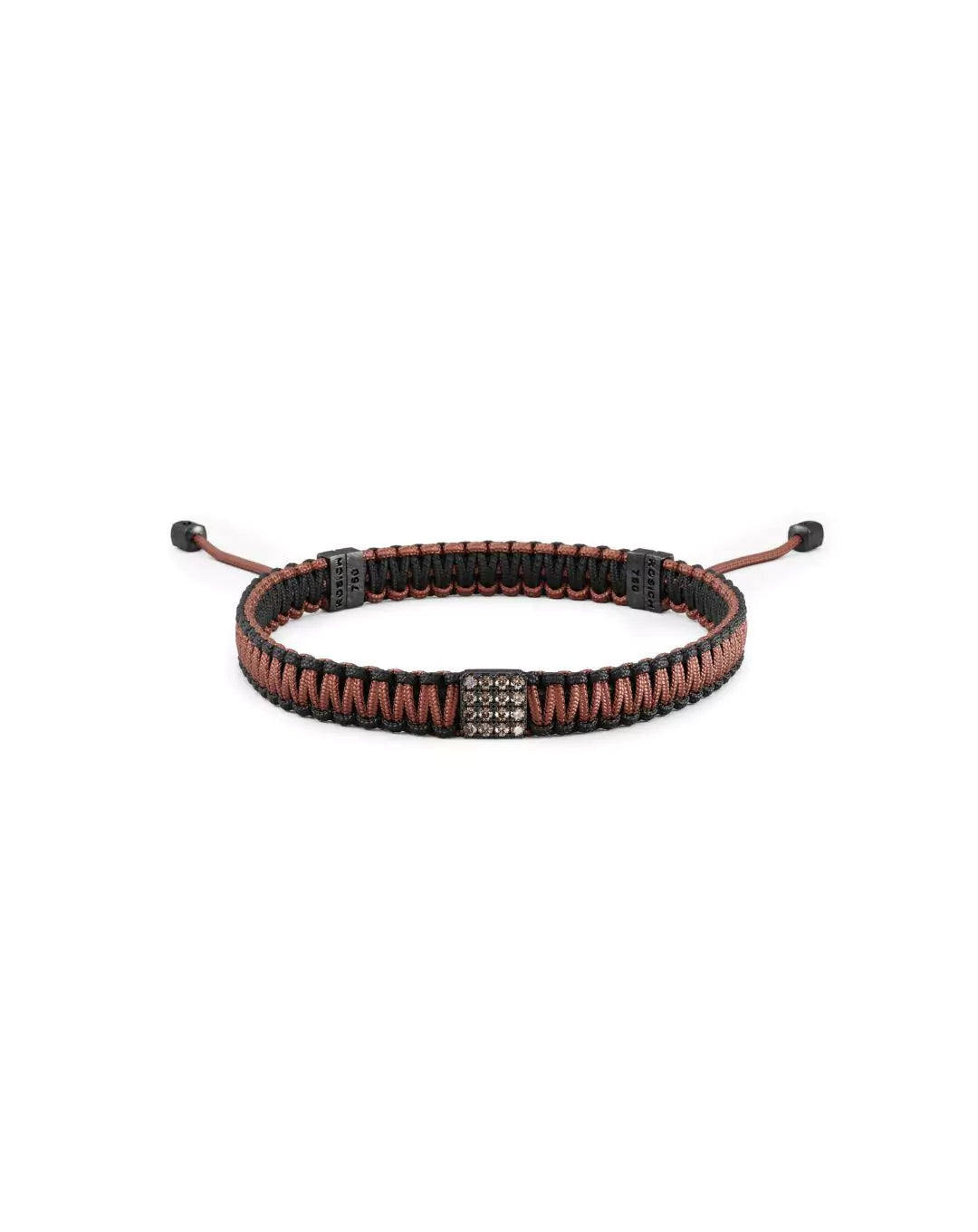 pulsera de hilo marron con chapa de oro negro y diamantes marrones